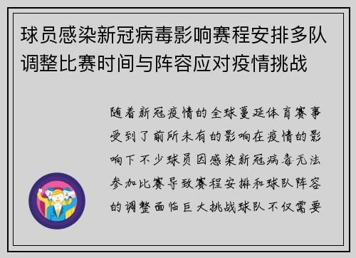 球员感染新冠病毒影响赛程安排多队调整比赛时间与阵容应对疫情挑战