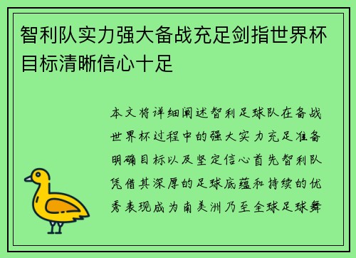 智利队实力强大备战充足剑指世界杯目标清晰信心十足