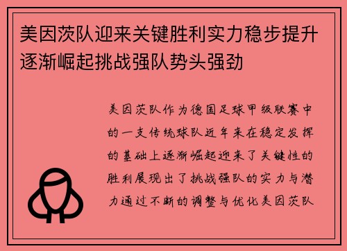 美因茨队迎来关键胜利实力稳步提升逐渐崛起挑战强队势头强劲