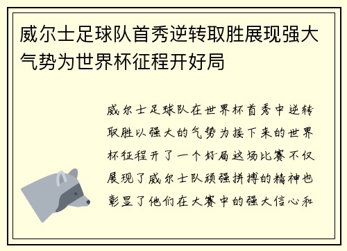 威尔士足球队首秀逆转取胜展现强大气势为世界杯征程开好局