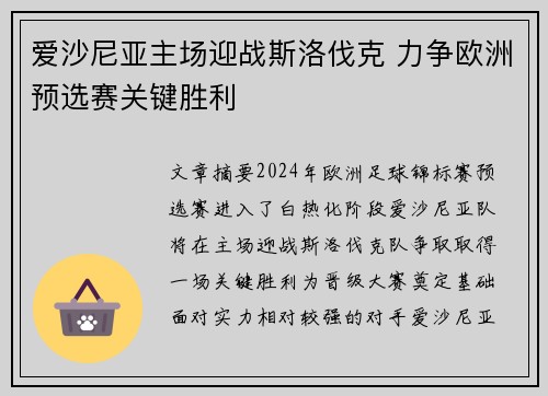 爱沙尼亚主场迎战斯洛伐克 力争欧洲预选赛关键胜利