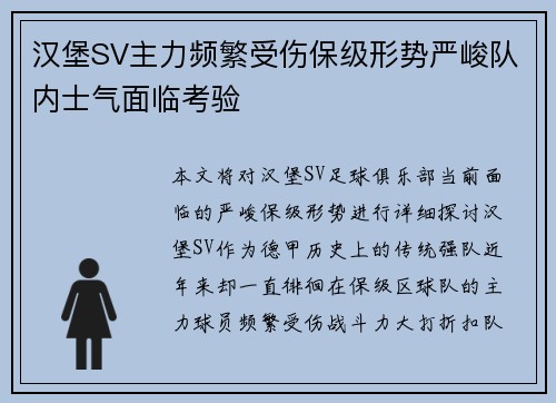 汉堡SV主力频繁受伤保级形势严峻队内士气面临考验