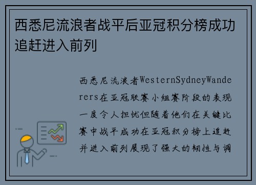 西悉尼流浪者战平后亚冠积分榜成功追赶进入前列