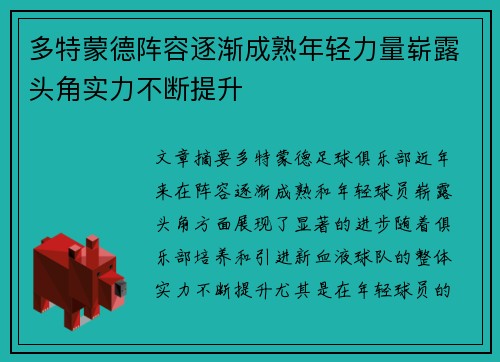 多特蒙德阵容逐渐成熟年轻力量崭露头角实力不断提升